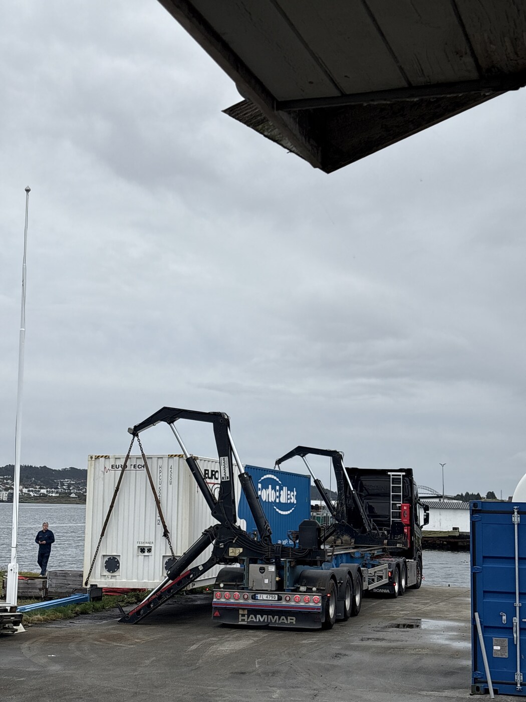 Euro Tech PortoBallast container being unloaded from a side-loader truck at Sea Clean's waterfront site