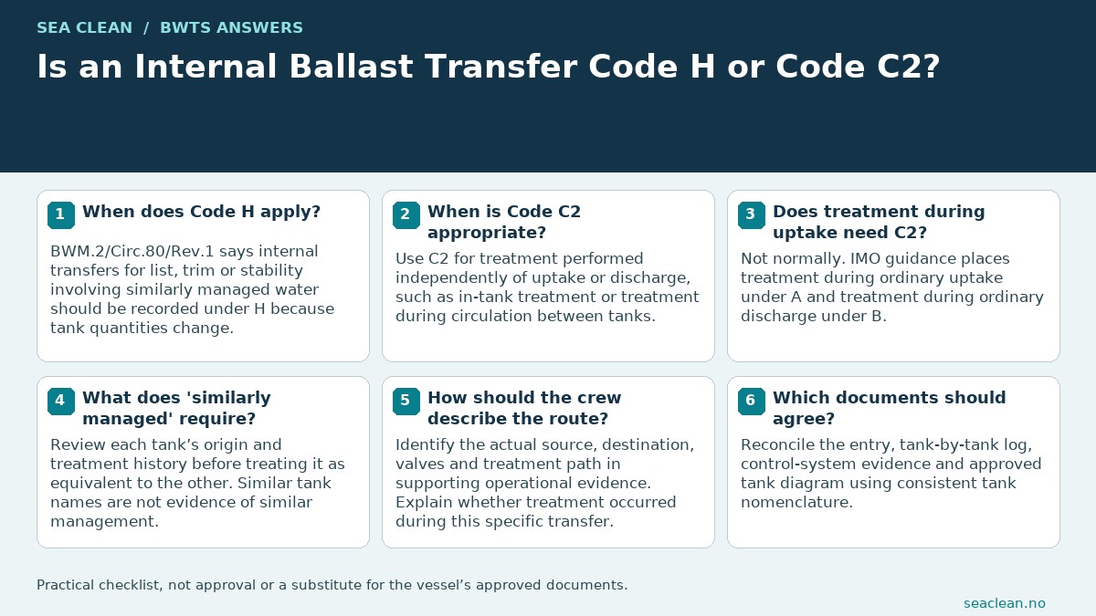Is an Internal Ballast Transfer Code H or Code C2? — Code by the operation’s purpose.; H covers qualifying trim/stability transfers.; C2 covers independent treatment.; A/B already cover ordinary inline treatment.; Check each tank’s management history.; Record current, not future, treatment.