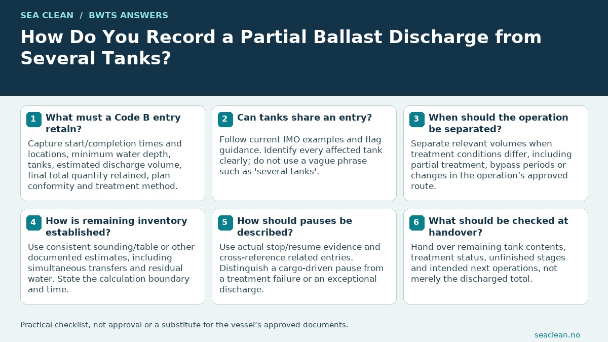 How Do You Record a Partial Ballast Discharge from Several Tanks? — Name each affected tank.; Separate discharge from retained volume.; Split different treatment conditions.; Keep tank-level supporting estimates.; Explain pauses and failures.; Hand over remaining treatment status.