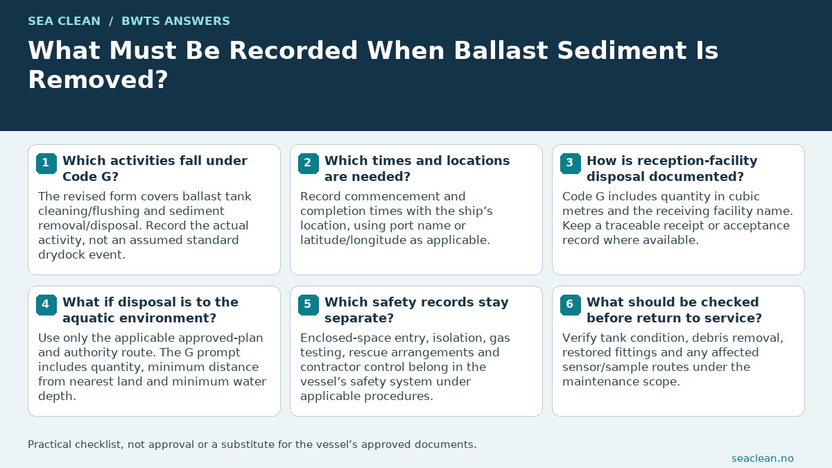 What Must Be Recorded When Ballast Sediment Is Removed? — Use Code G for the actual activity.; Name tanks exactly as in the BWMP.; Record start and completion locations.; Verify disposal quantity and units.; Keep tank-entry safety controls separate.; Retain facility acceptance evidence.